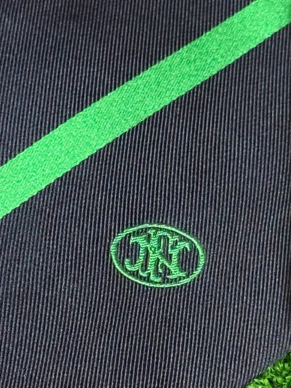 Rare FNH LLC Military Operations Monogram Silk Regimental Tie Navy Green Silk